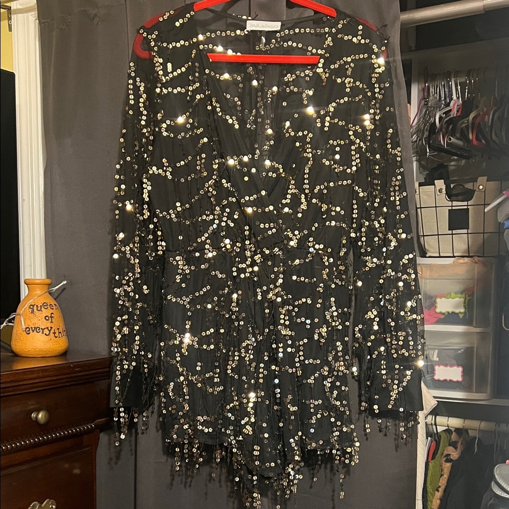 Elegant Black & Gold Sequins sheer Romper shorts
